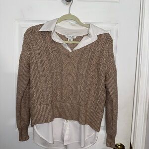 Rachel Zoe V-Neck 2 in 1 Cable Knit Sweater in Oat/Tan